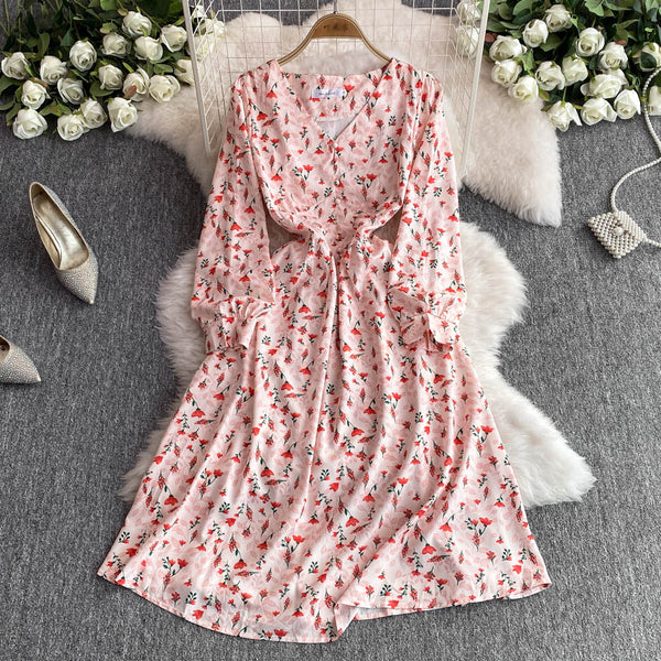 French Style Pink Floral Printed Dress