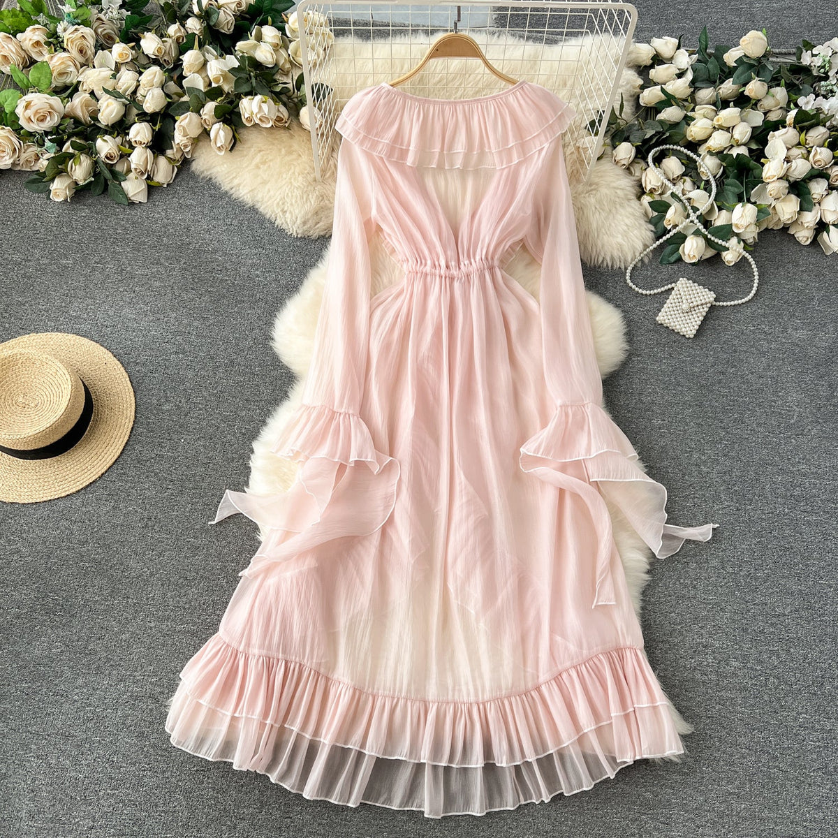 Fairy Pink Ruffled Chiffon Dress