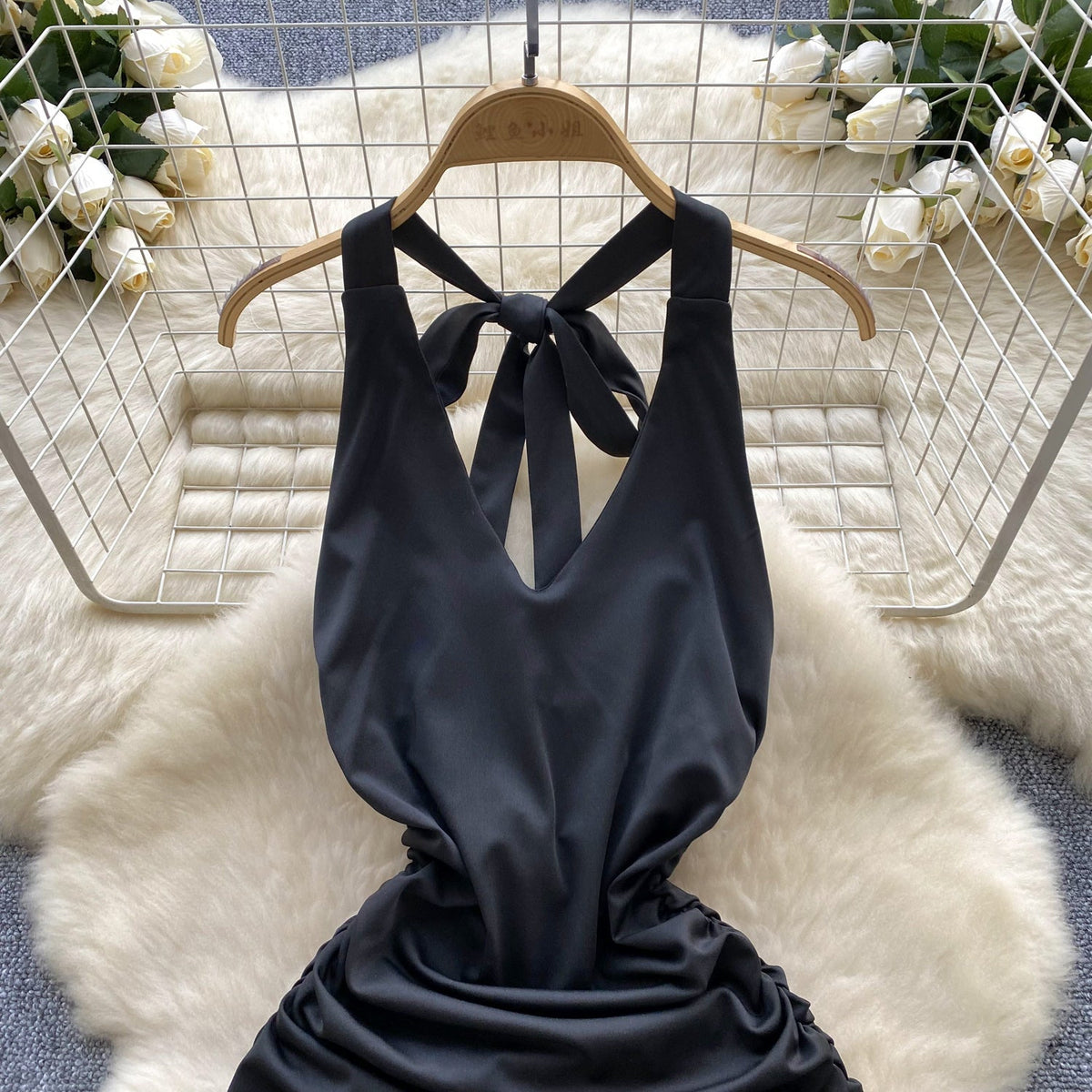 Irregular Design Pleated Black Dress