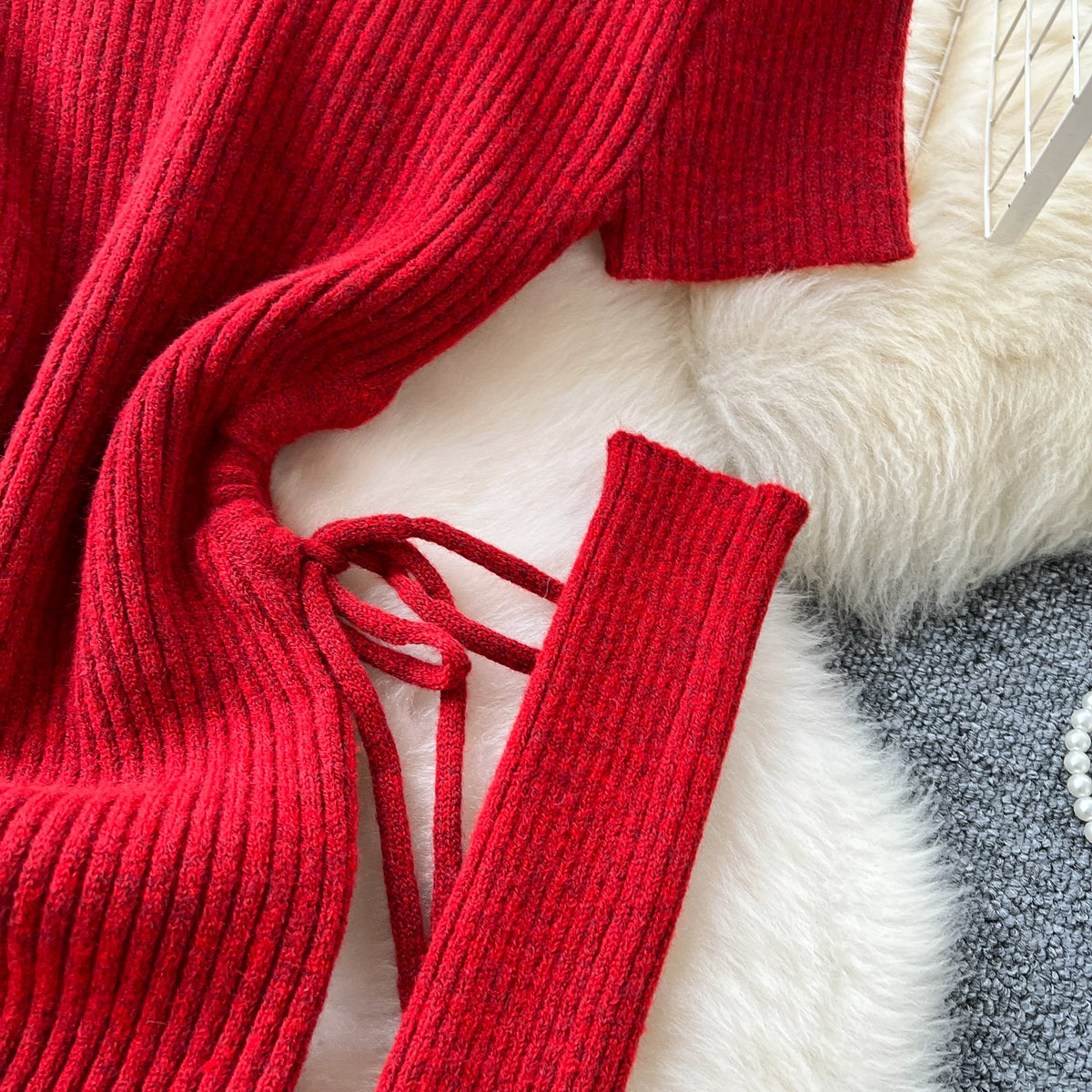 Christmas Red Lace-up Knitted Dress