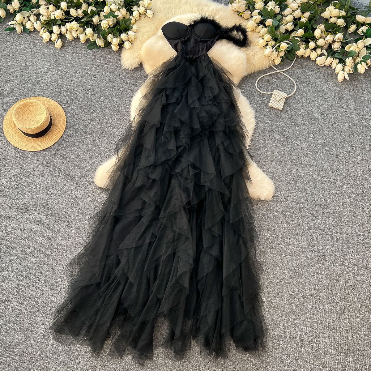 Strapless See-through Mesh Puffy Dress