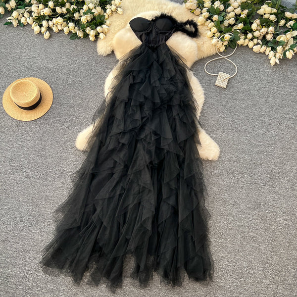 Strapless See-through Mesh Puffy Dress