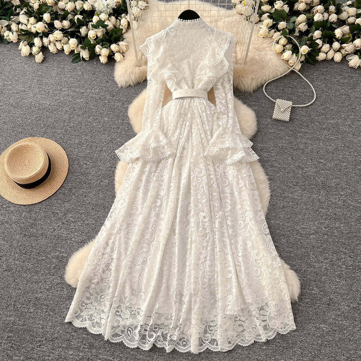 Elegant Embroidered Lace Shirt Dress