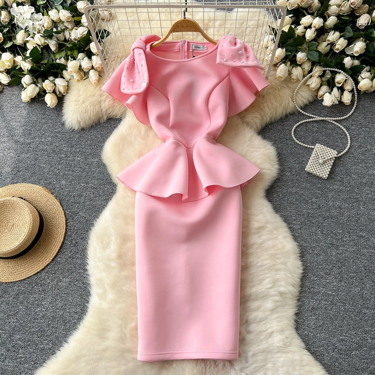 Beaded Bow-tie Ruffled Pink Dress