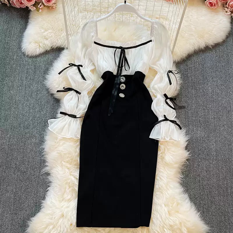 Black&White Patchwork Bow Dress