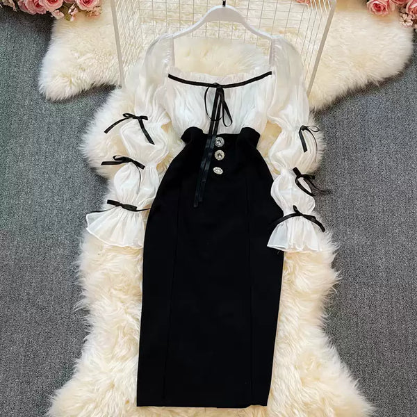 Black&White Patchwork Bow Dress
