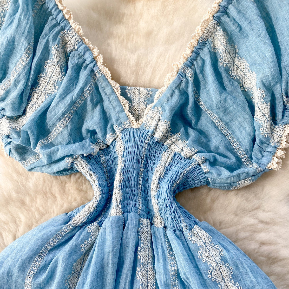 French Style Lace Trim Blue Dress