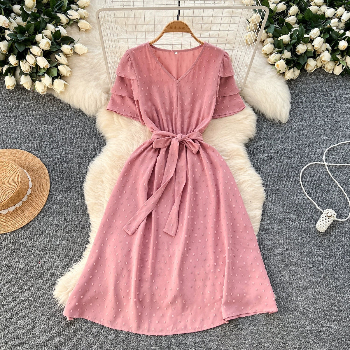 Mori Lace-up Pink Midi Dress
