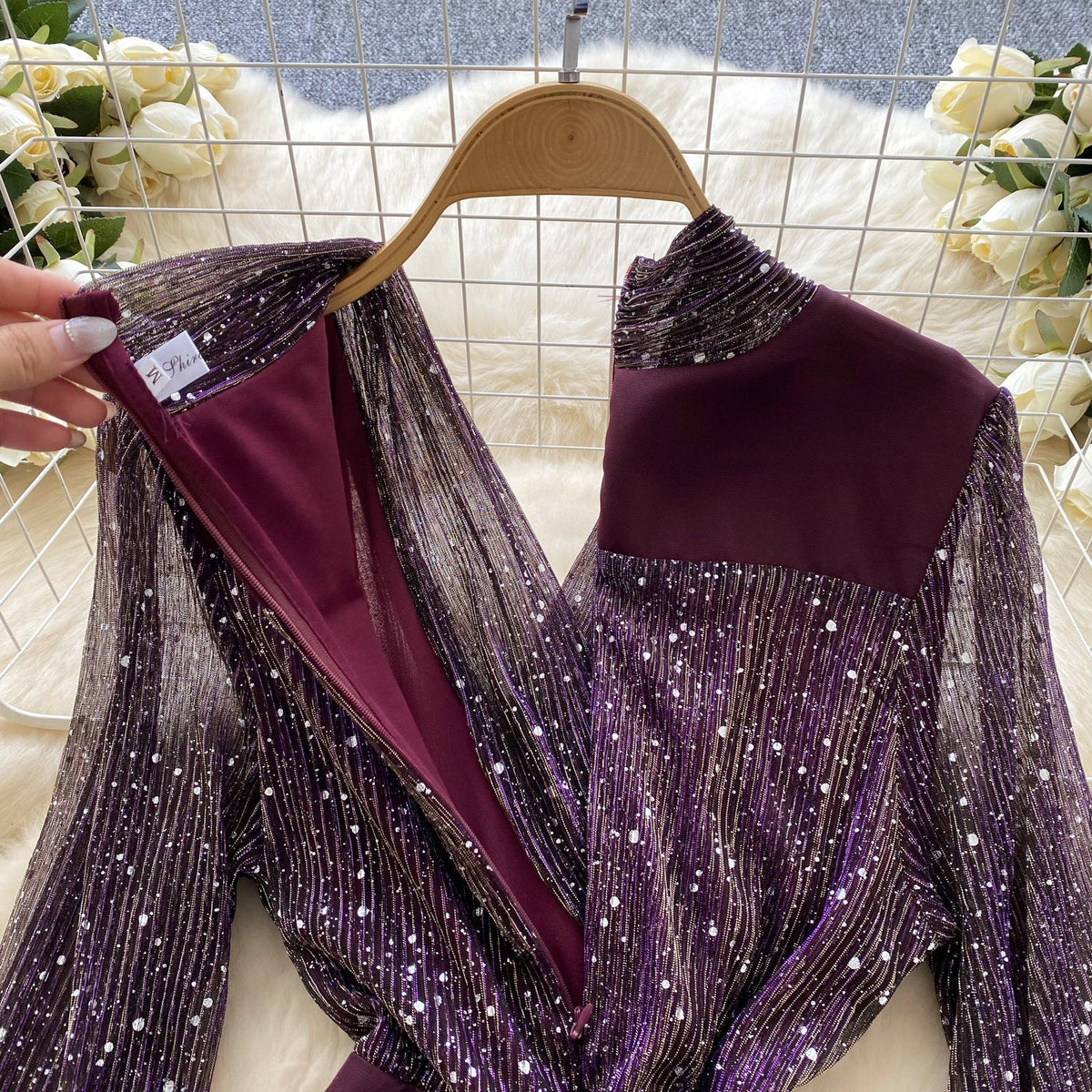 Sequined Mesh Patchwork Satin Dress