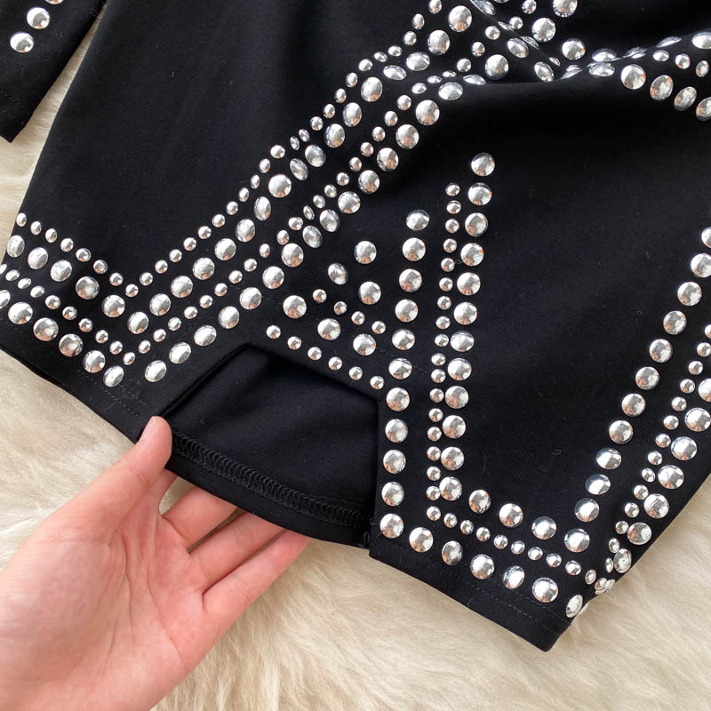 Rhinestone Studded Hip-wrapping Black Dress