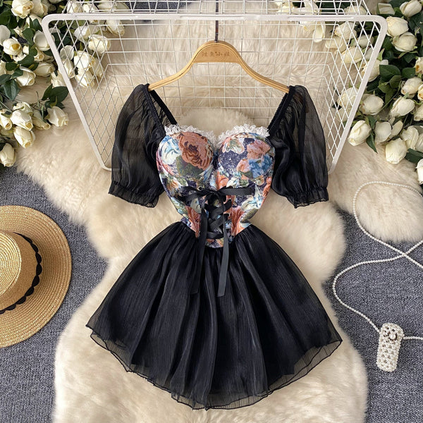 Courtly Floral Patchwork Puffy Dress
