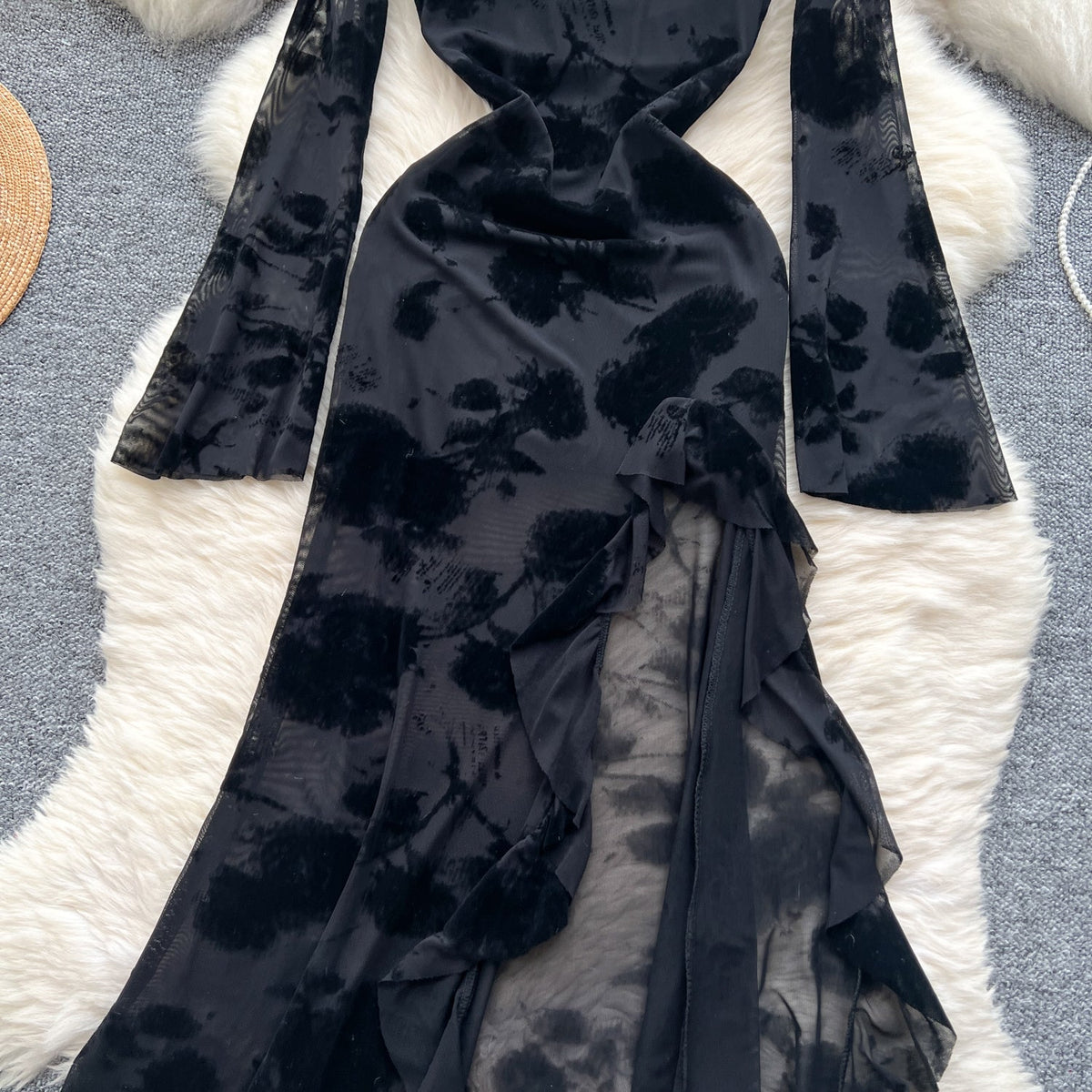 Asymmetric Embroidered Floral Black Dress