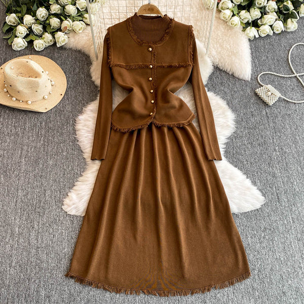 Patchwork Vest&Knitted Dress 2Pcs