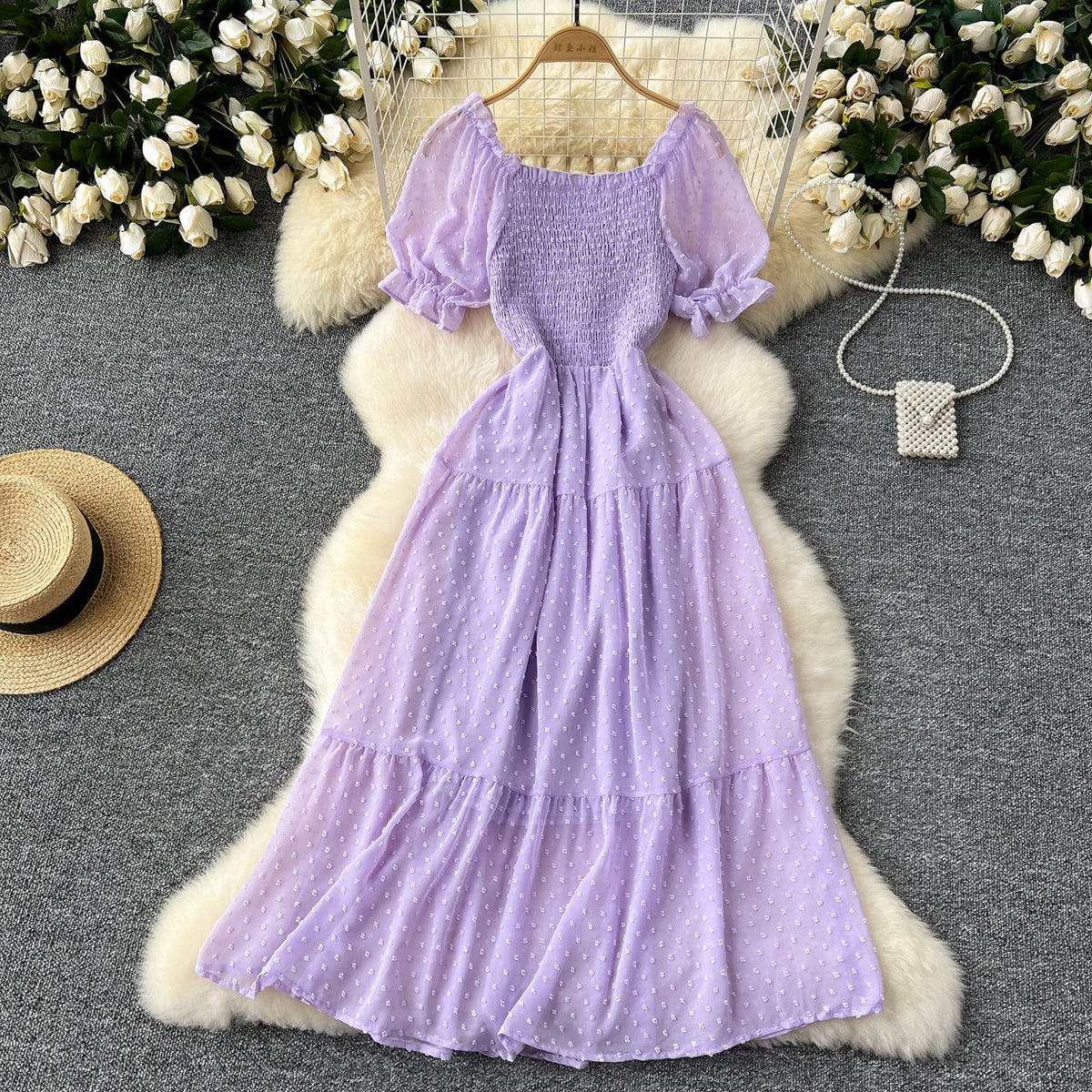 Solid Color Puffy Sleeve Ruffled Dress