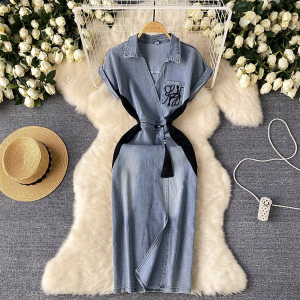 Ethnic Embroidered Lapeled Denim Dress
