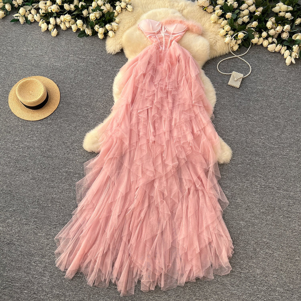 Strapless See-through Mesh Puffy Dress