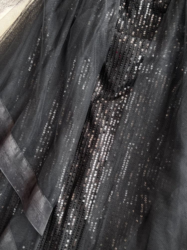 Ruffled Neckline Black Sequined Party Dress