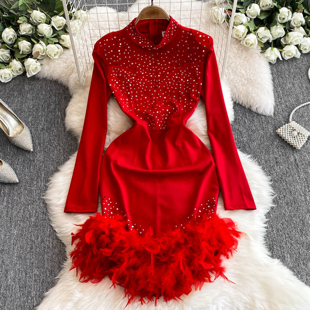 Irregular Design Fur Fringed Beaded Dress