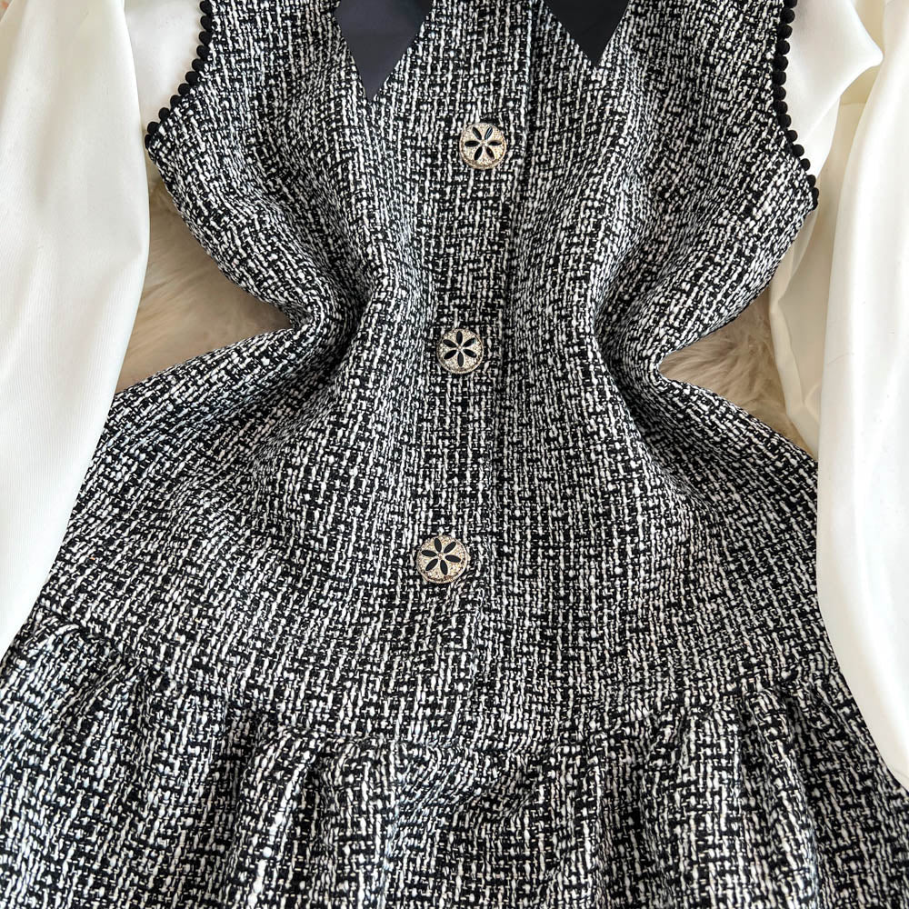 Tweed Vest Dress&White Shirt 2Pcs