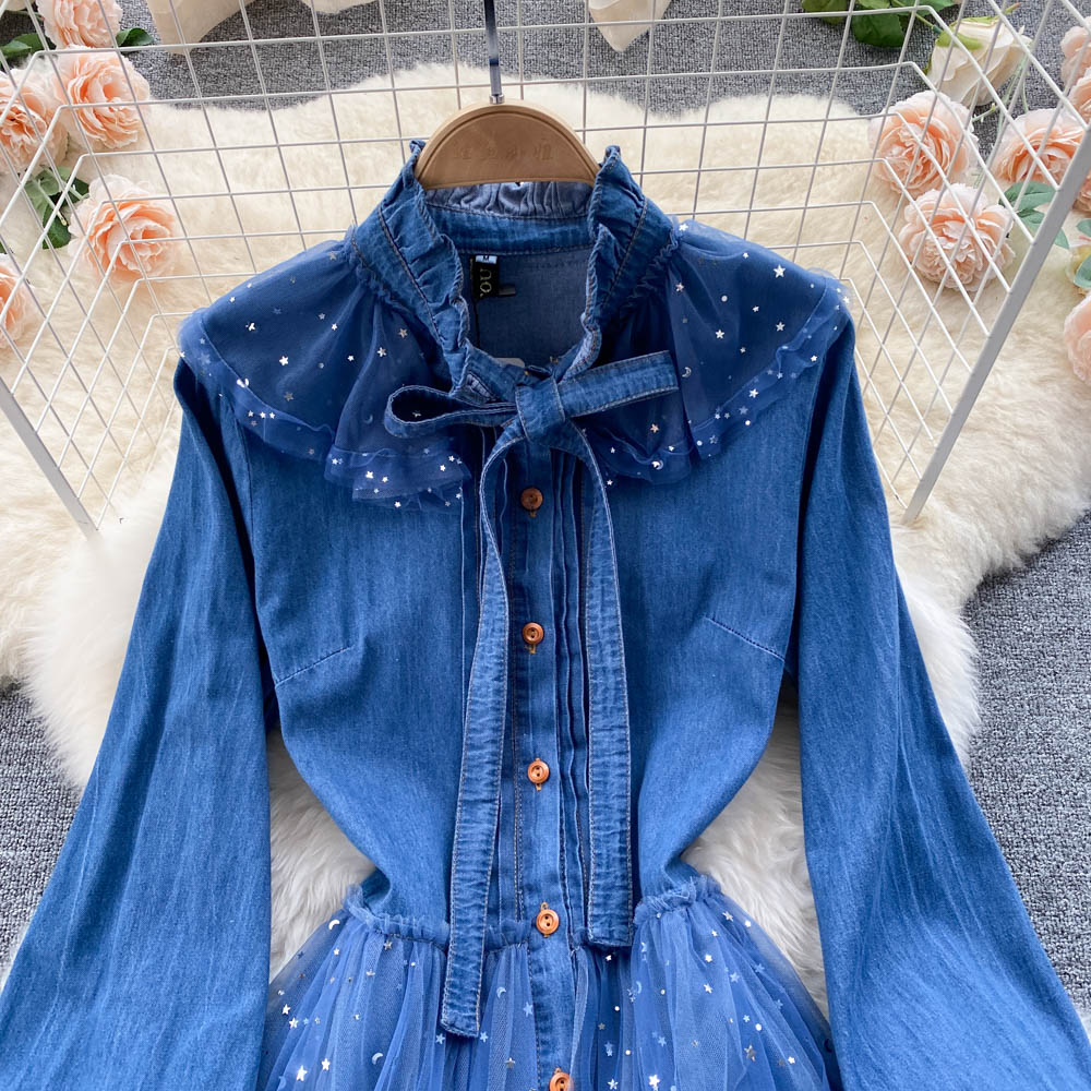 Niche Mesh Patchwork Denim Shirt Dress