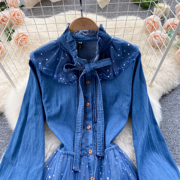 Niche Mesh Patchwork Denim Shirt Dress