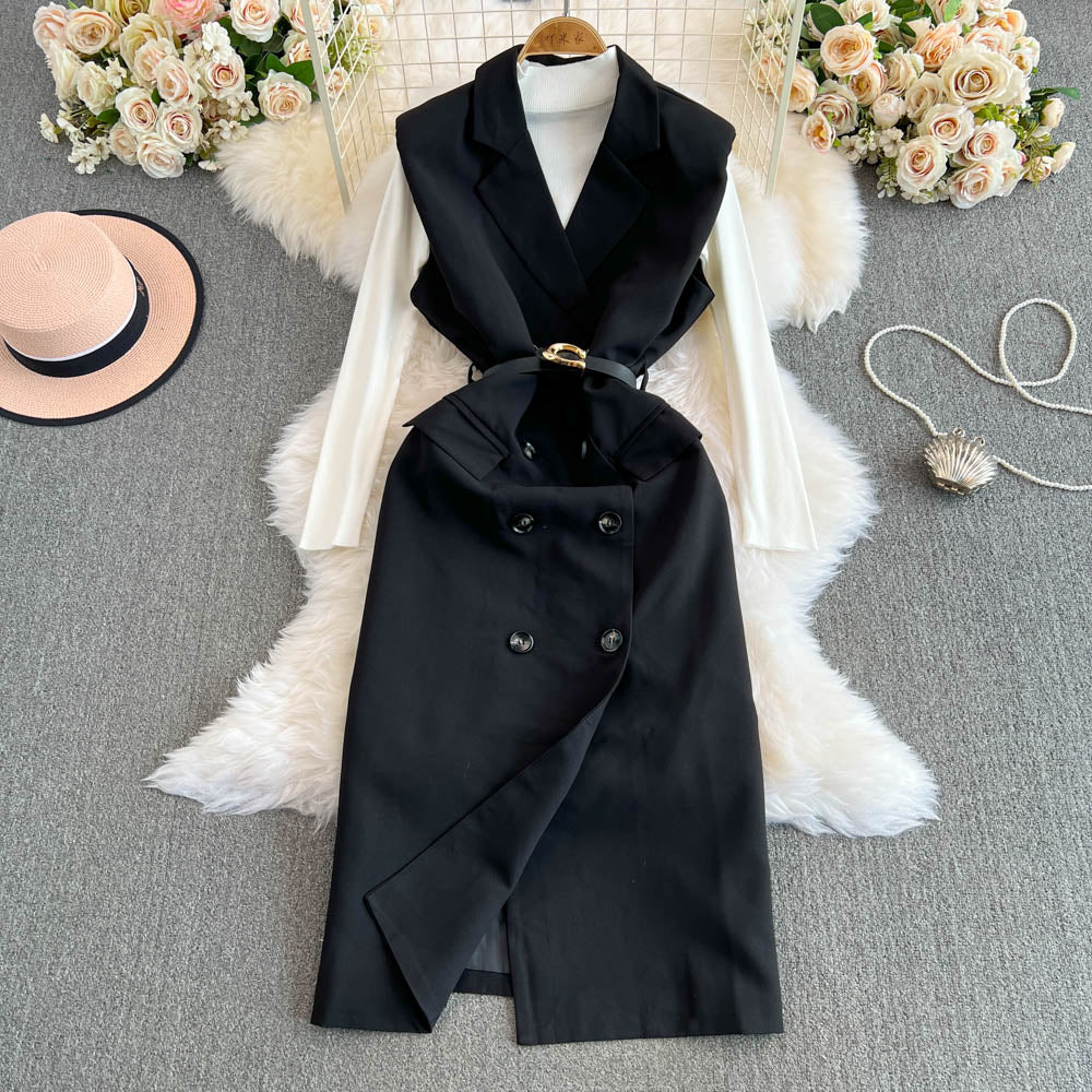 Vest Dress&Bottoming Sweater 2Pcs