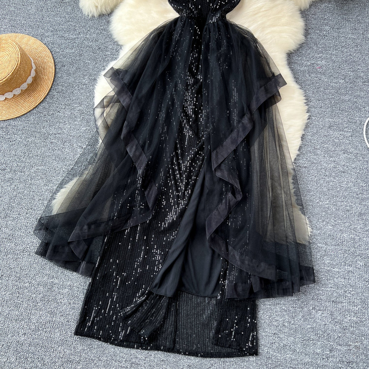 Elegant Black Mesh Sequined Slip Dress