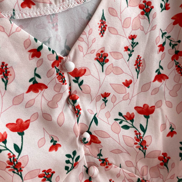 French Style Pink Floral Printed Dress