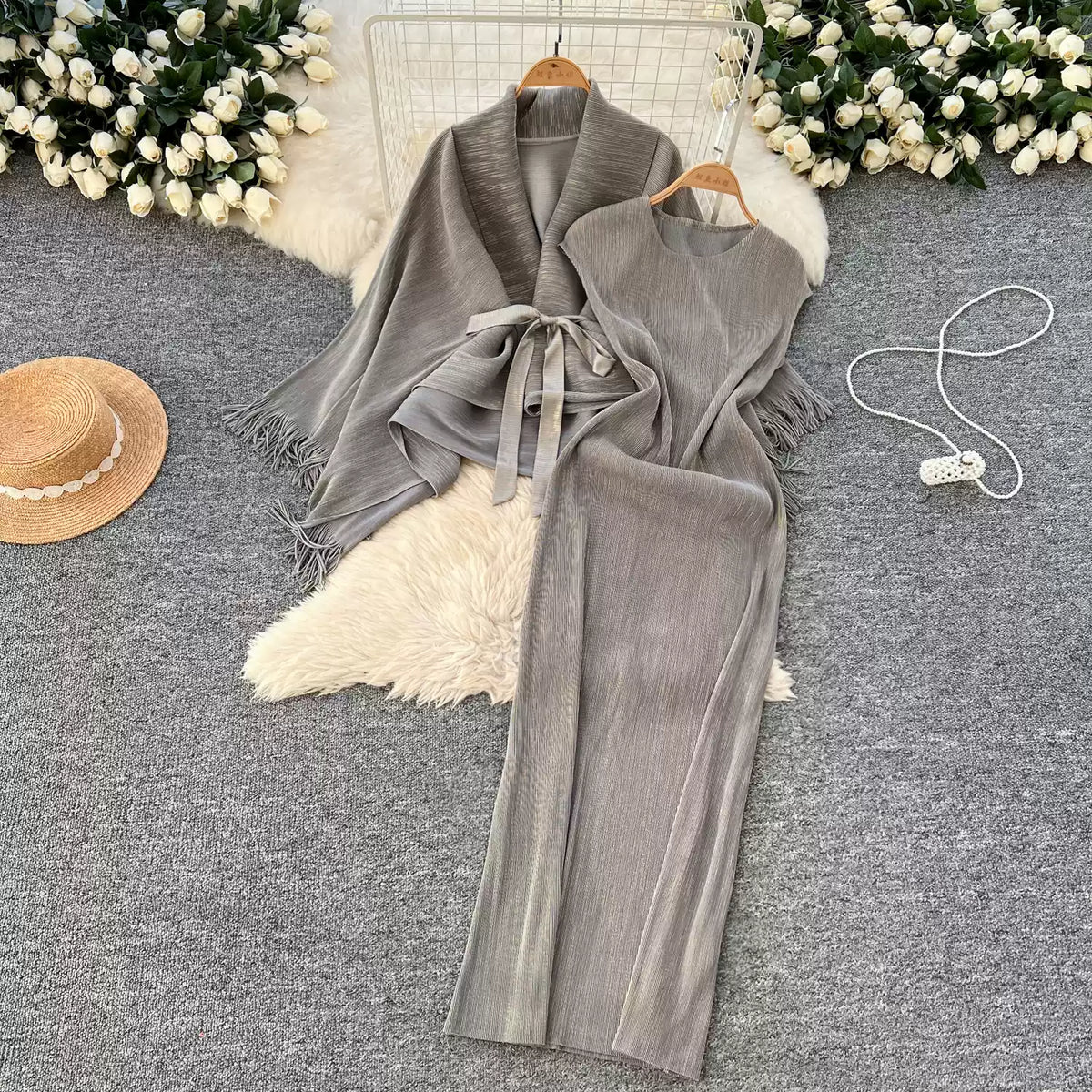 Beaded Fringed Cardigan & Vest Dress 2Pcs
