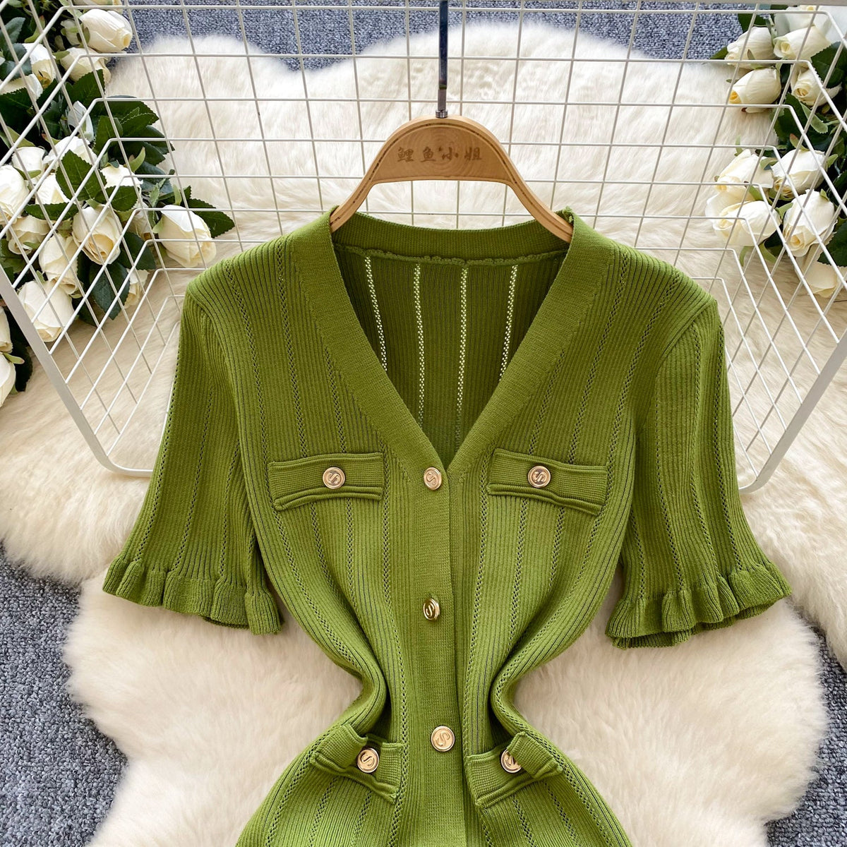 French Style V-neck Knit Shirt Dress