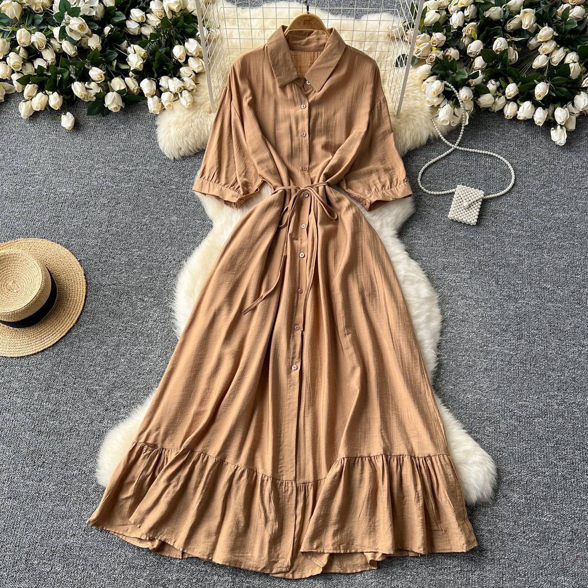 Vintage Solid Color Ruffled Shirt Dress