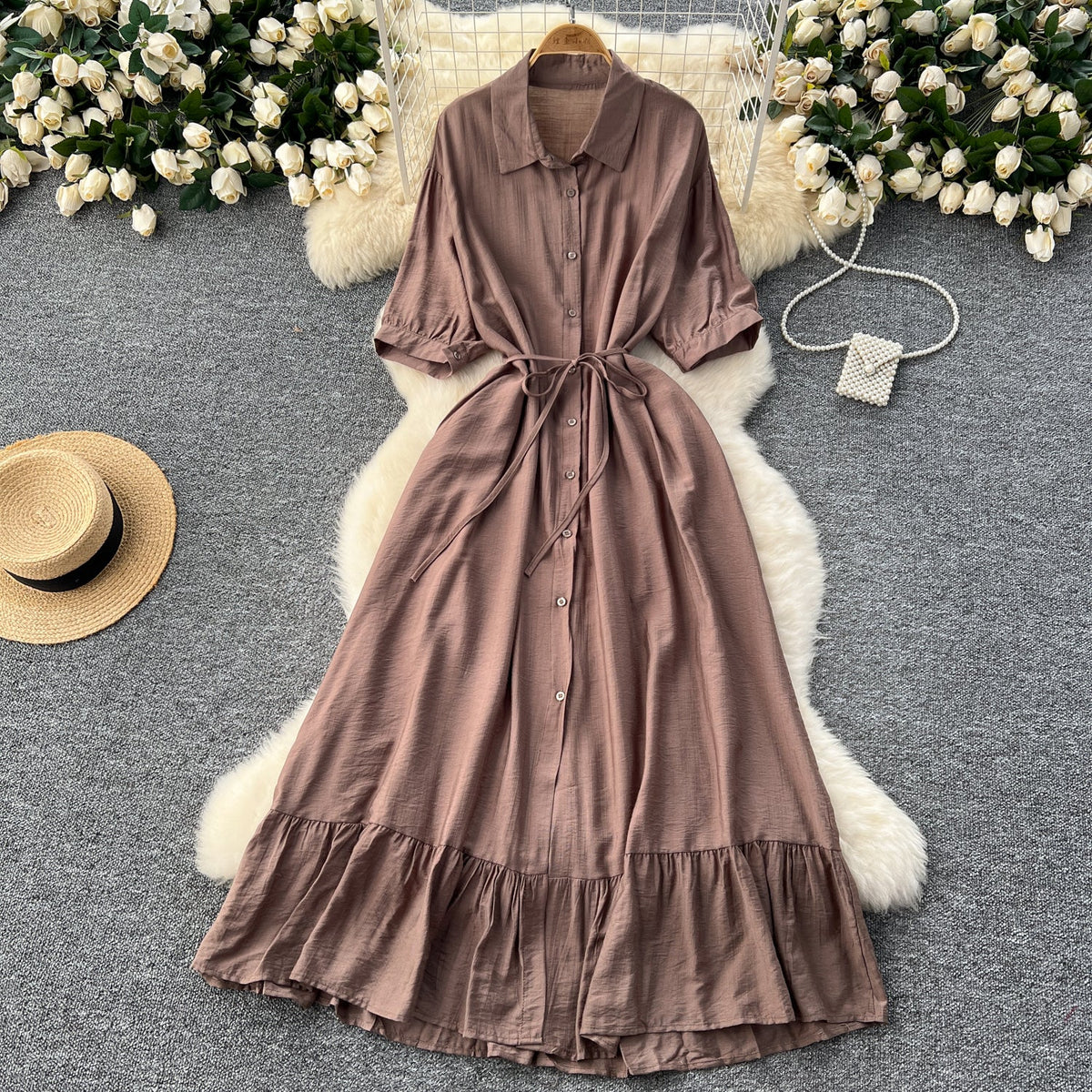 Vintage Solid Color Ruffled Shirt Dress