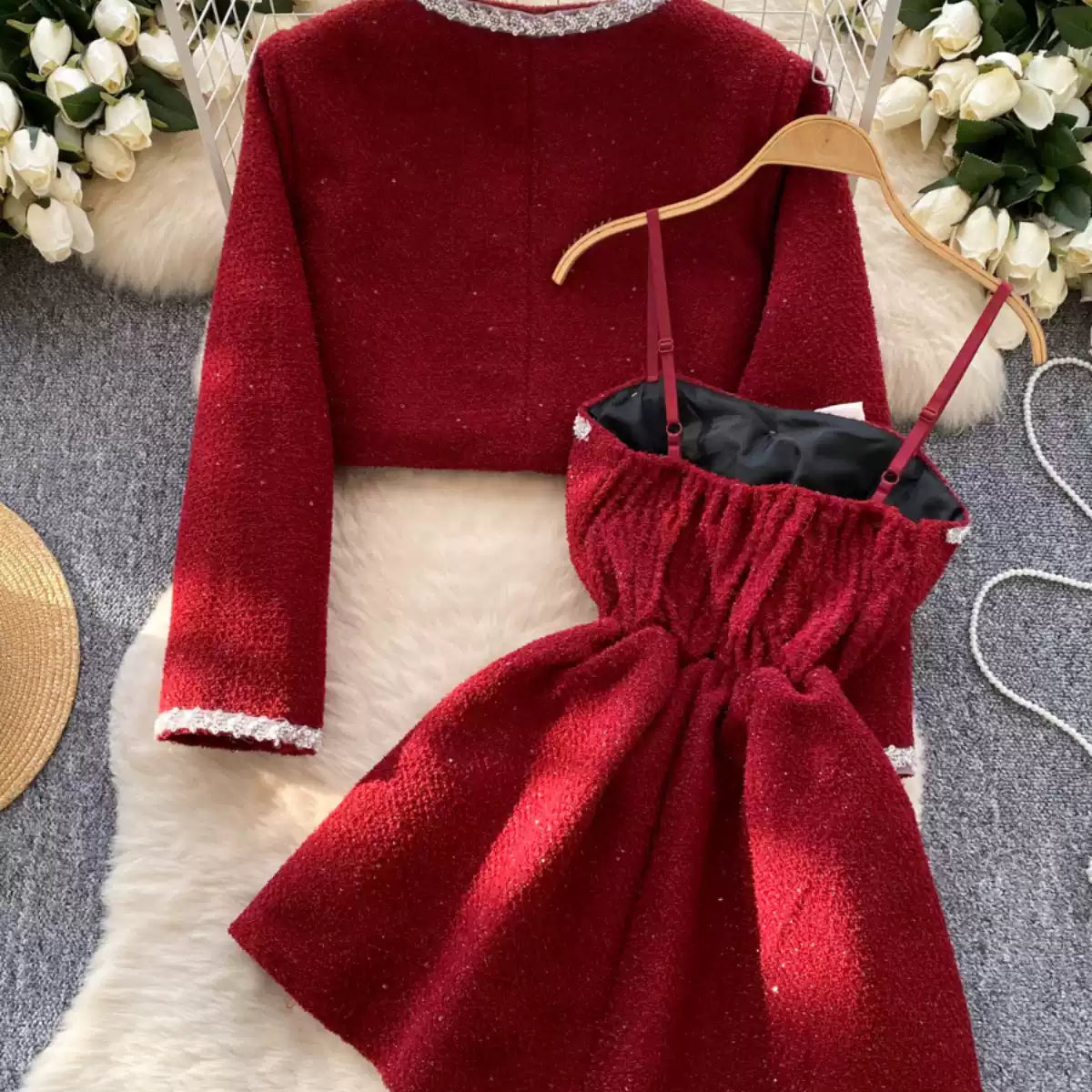 Bow Corduroy Slip Dress & Cardigan 2Pcs