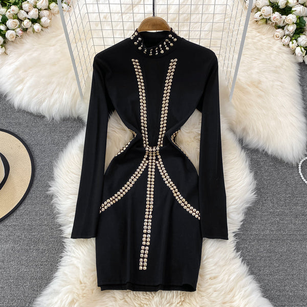Vintage Rhinestone Studded Elastic Dress