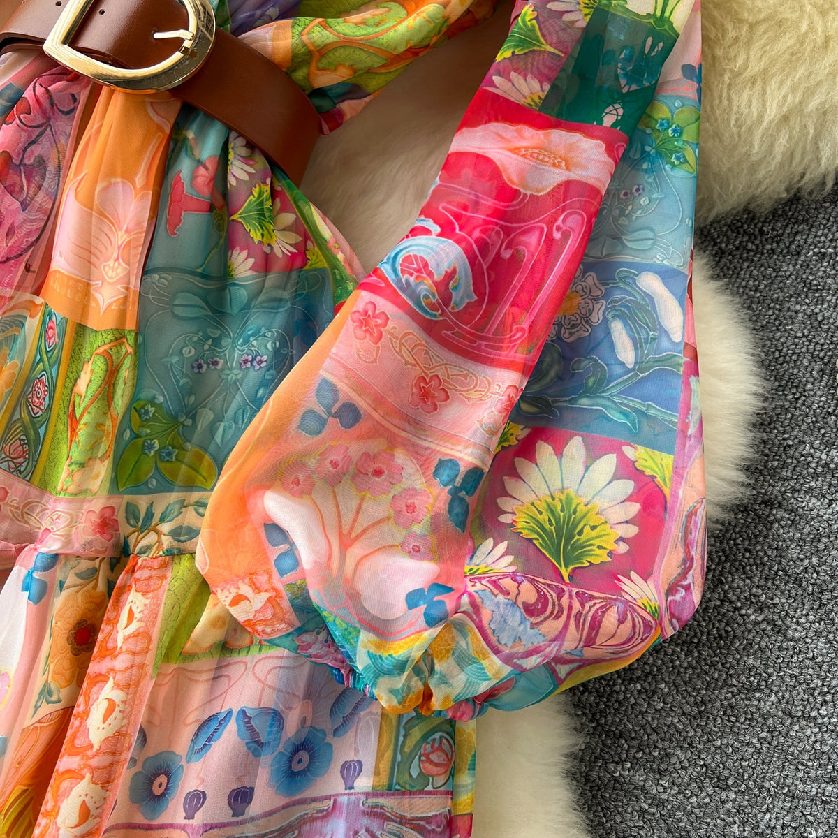 V-neck Colorful Printed Chiffon Dress