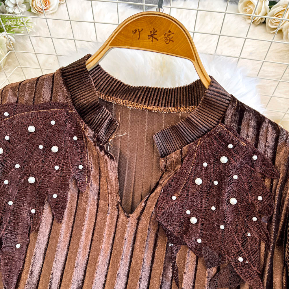 Beaded Shoulder Pleated Coffee Dress