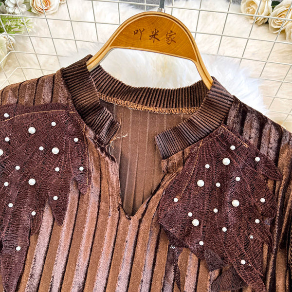Beaded Shoulder Pleated Coffee Dress