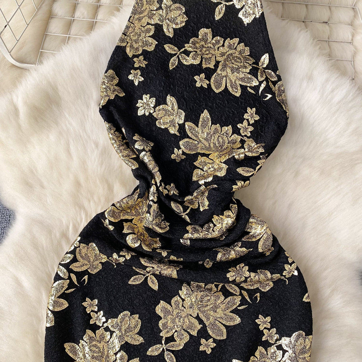 Sexy Gold Stamped Floral Black Dress