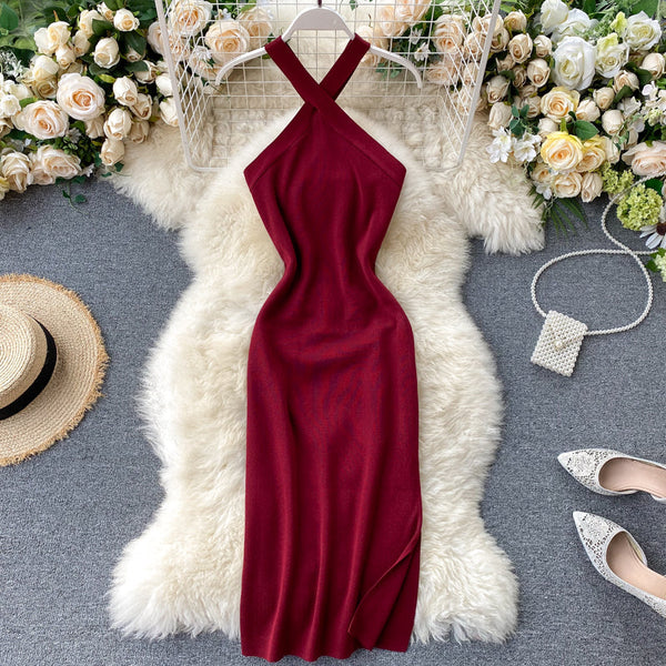 Cross Strap Knitted Halter Dress
