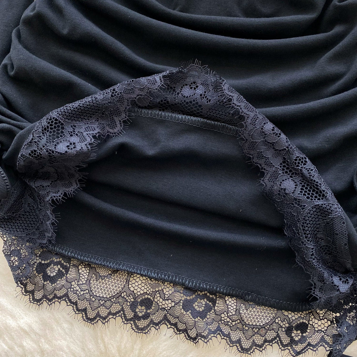 Lace Patchwork Drawstring Black Dress