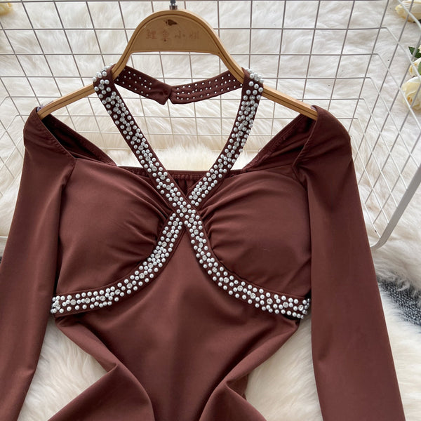 Beaded Cross Halter Party Dress
