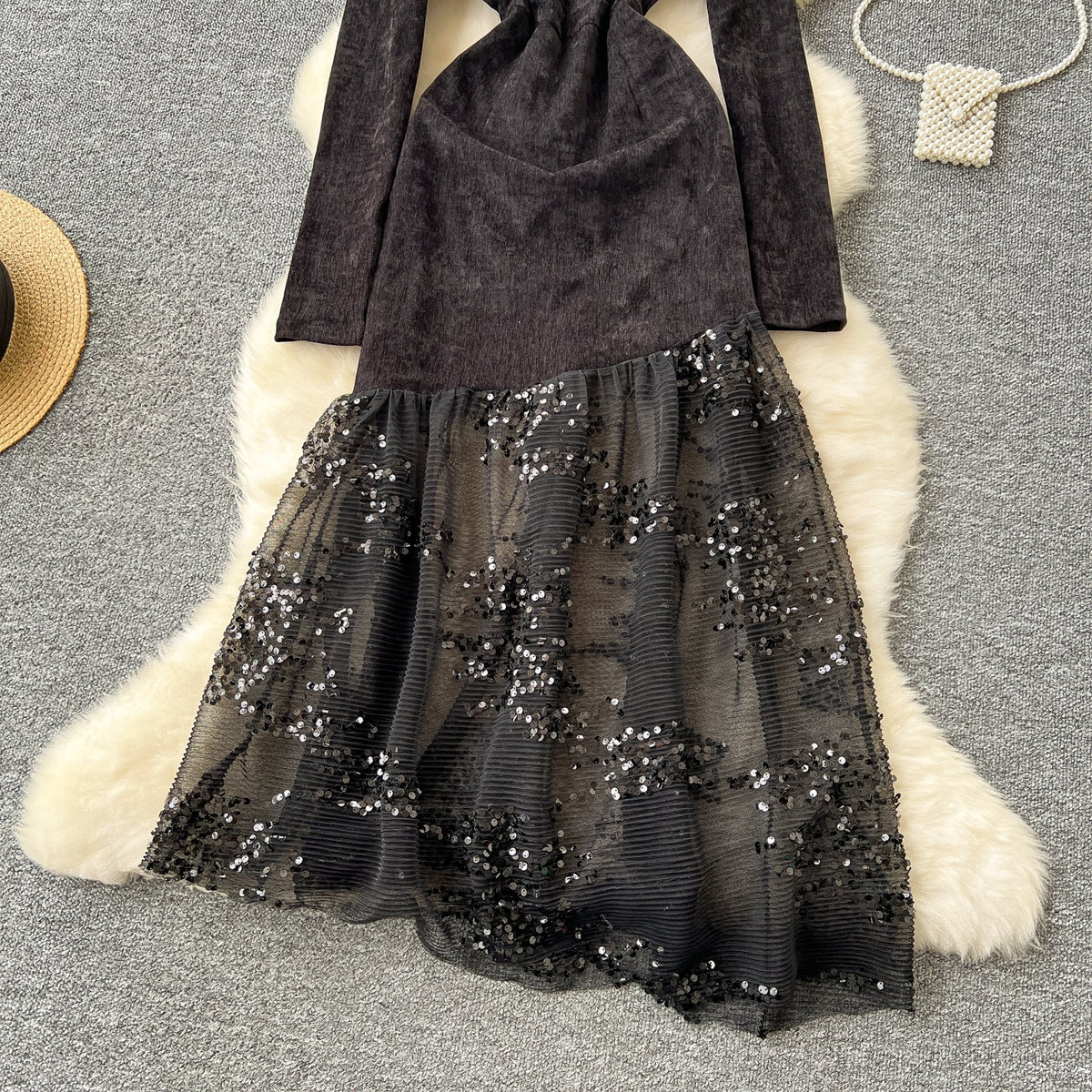Rhinestone Studded Sequined Mesh Black Dress