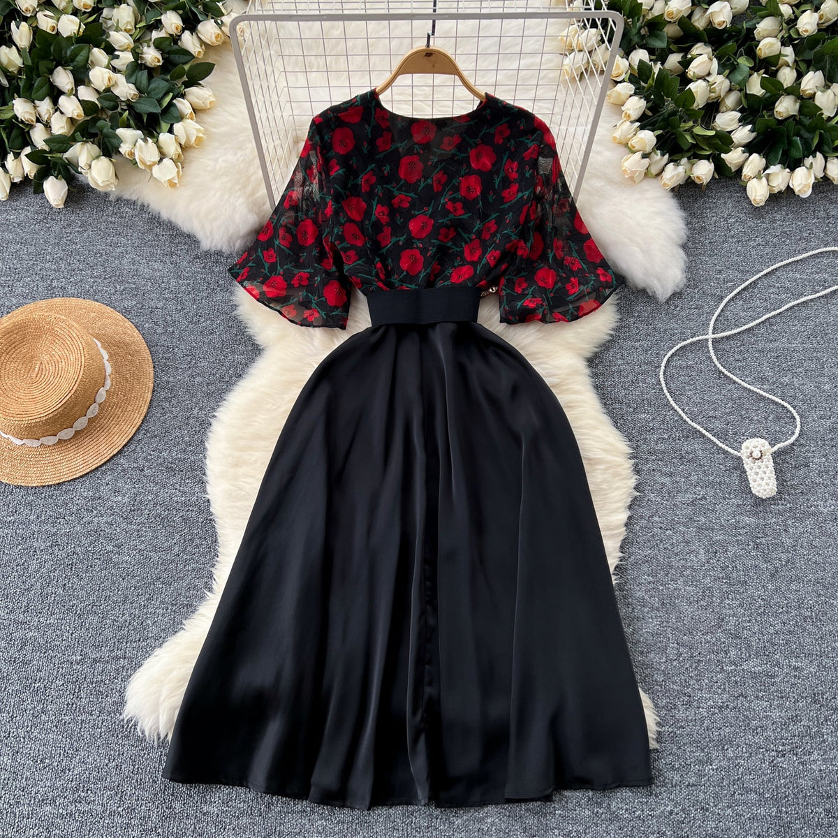 V-neck Floral Patchwork Black Dress