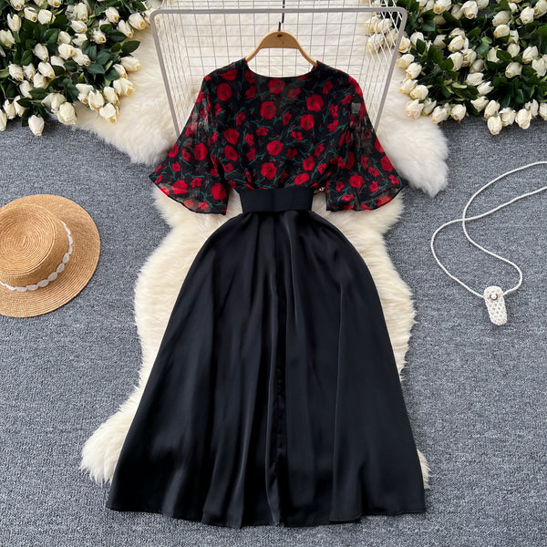 V-neck Floral Patchwork Black Dress