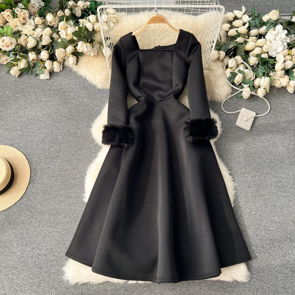 Furry Cuff Patchwork Rose Red Dress