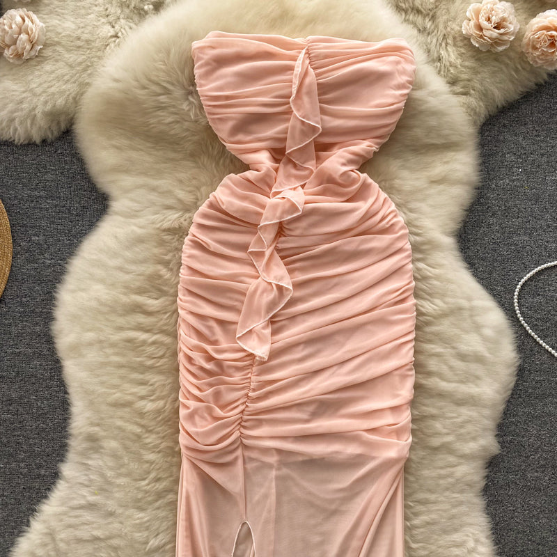 Off-shoulder Ruffled Fairy Pink Dress