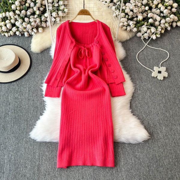 Cardigan&Lace-up Slip Dress Knitted 2Pcs