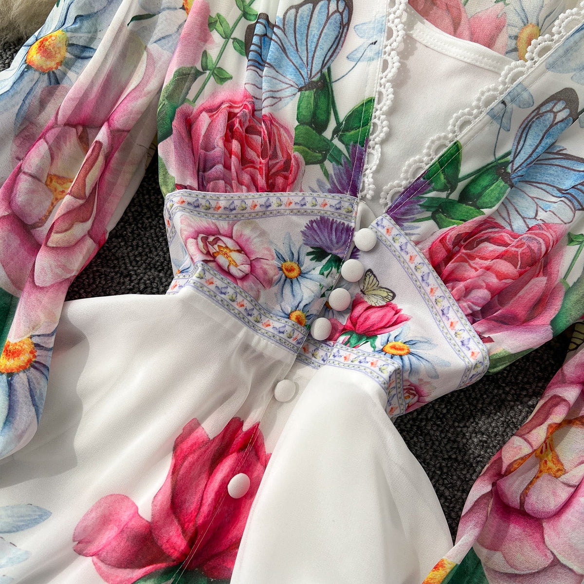Deep V-neck Ruffled Floral Dress