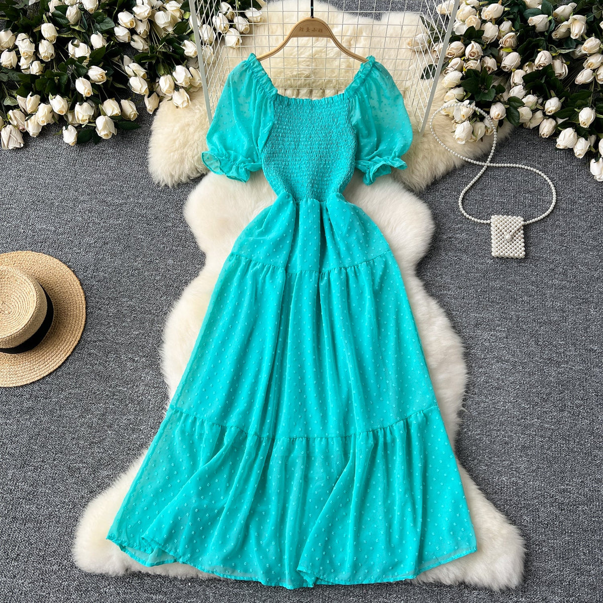 Solid Color Puffy Sleeve Ruffled Dress