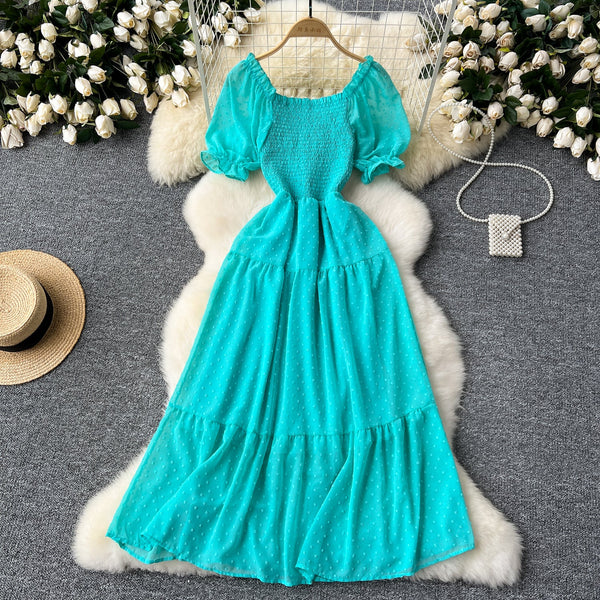 Solid Color Puffy Sleeve Ruffled Dress